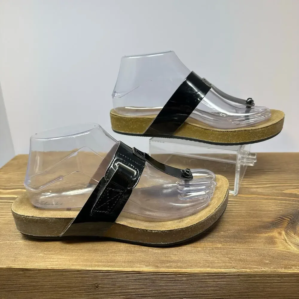 CLARKS Shiny Black Patent Leather Cork Sandals Womens 6 Flip Flops Comfort Shoes